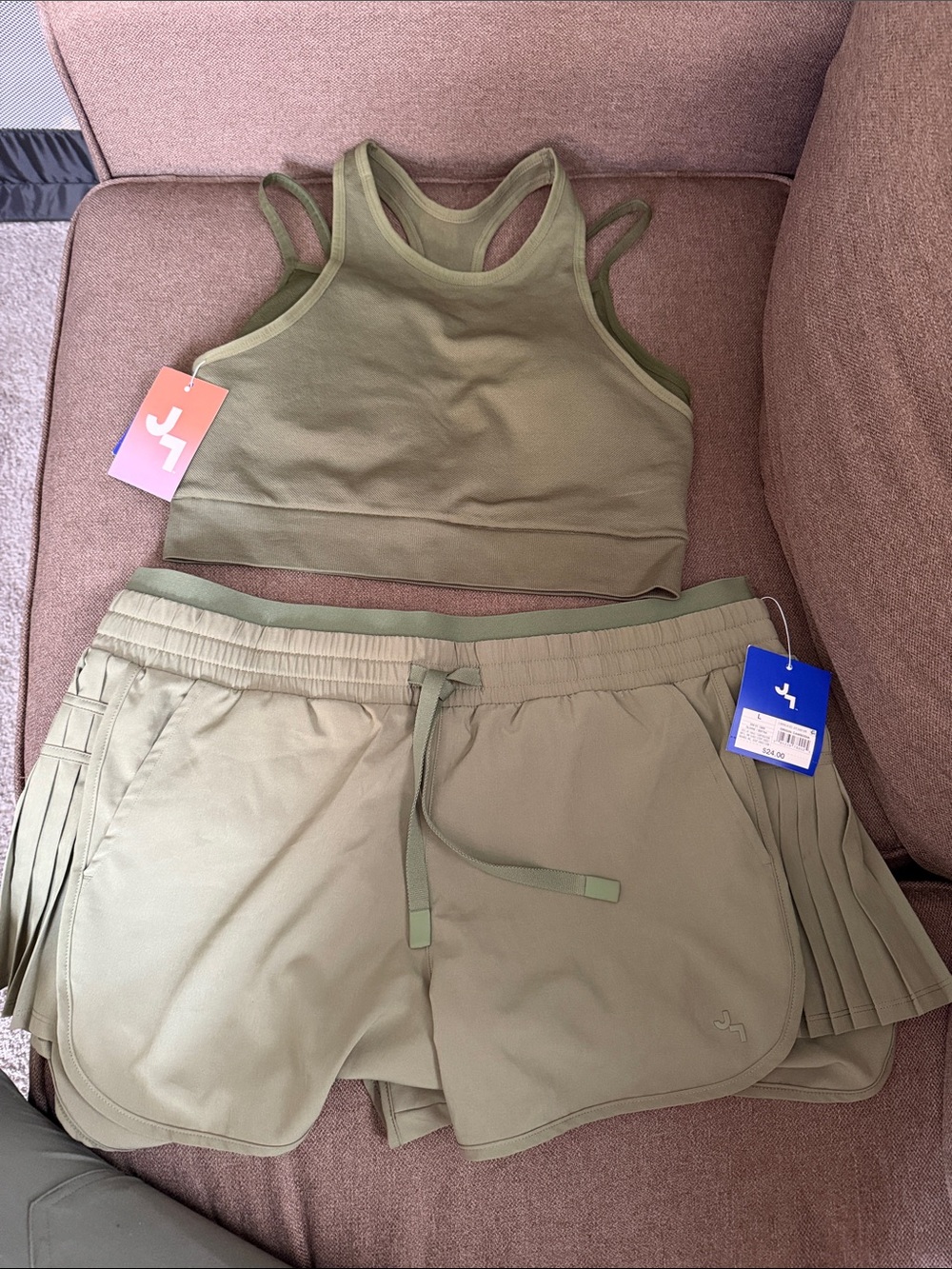 JoyLab Olive Green Athletic Bra and Pleated Shorts Set